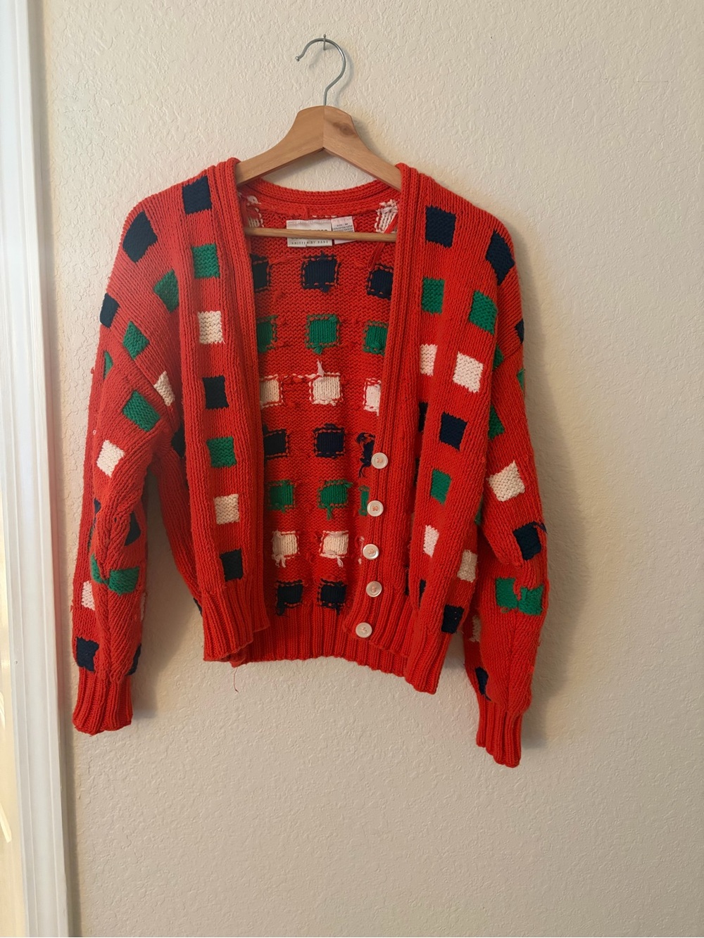 Liz Claiborne Red Knit Cardigan with Multicolor Square Motif